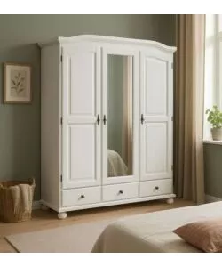 Armadio 3 ante + 3 cassetti in pino massello bianco, 150x56x200 cm